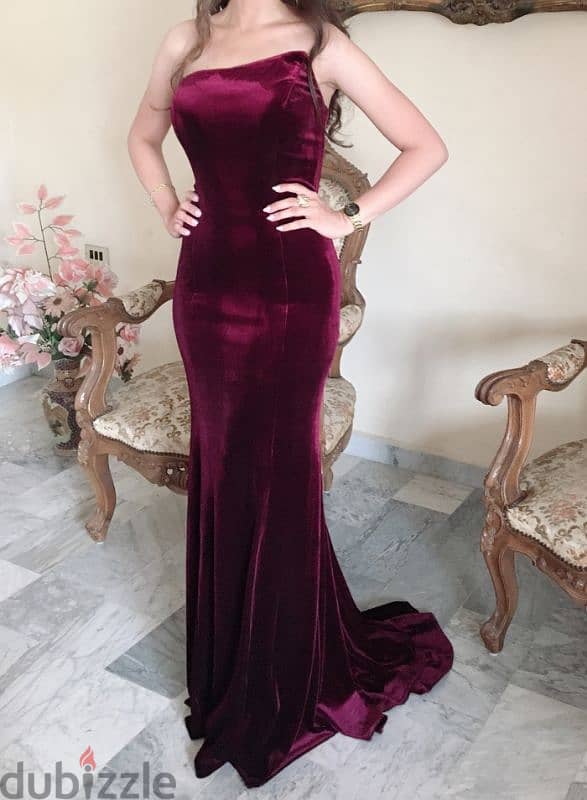 Elegant Red Velvet Evening Dress for Rent 1