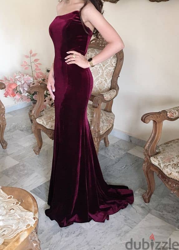 Elegant Red Velvet Evening Dress for Rent 2