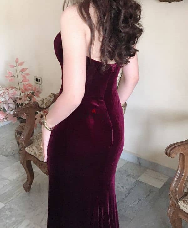 Elegant Red Velvet Evening Dress for Rent 5