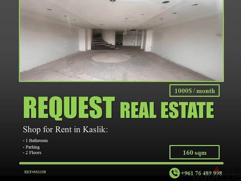 Shop 160 sqm for Rent in Kaslik | محل ١٦٠ متر مربع للإيجار في الكسليك 0