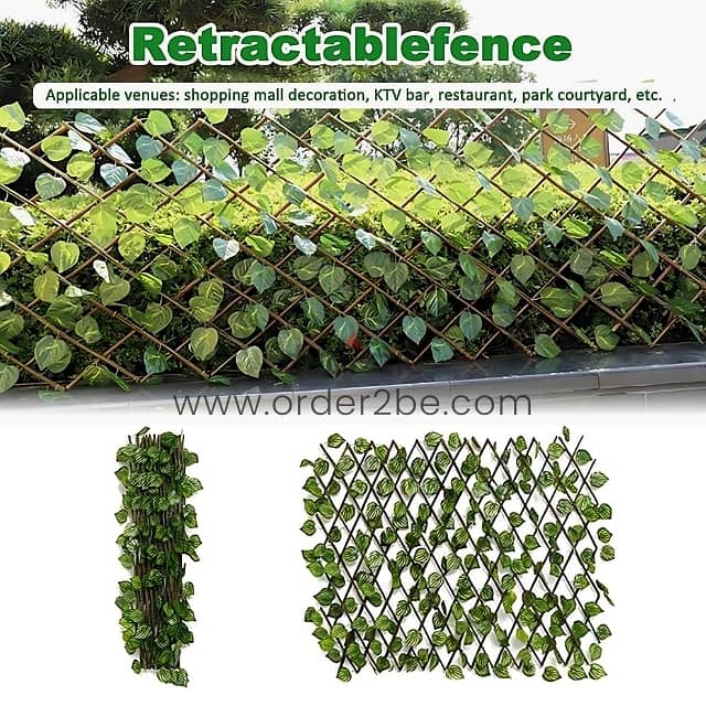 Retractable Garden Fence – Wood Trellis w/ Lush Leaf Design, 2m 1