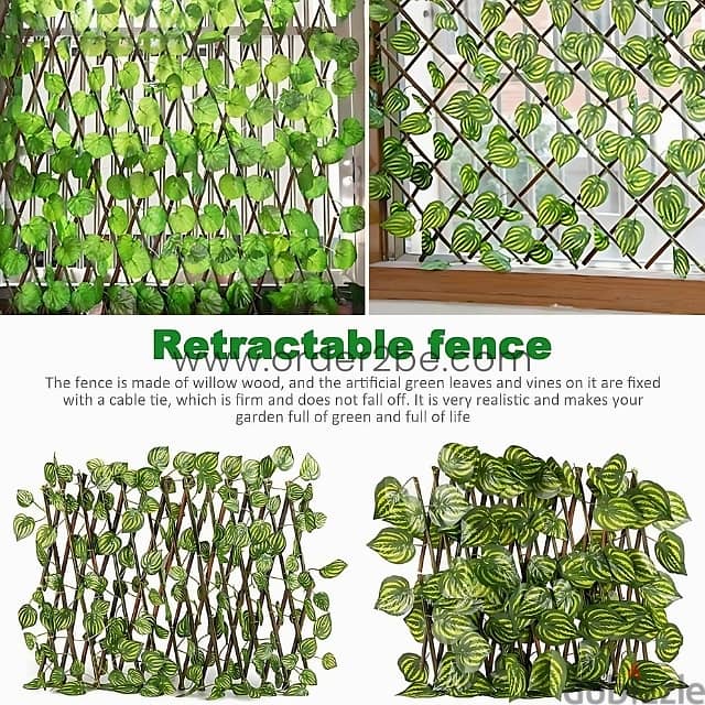 Retractable Garden Fence – Wood Trellis w/ Lush Leaf Design, 2m 7