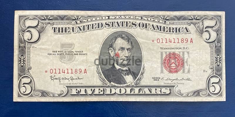 عملة قديمة ٥$ رد سيل ستار ١٩٦٣ banknotes 5$ red seal 1963 star note 0