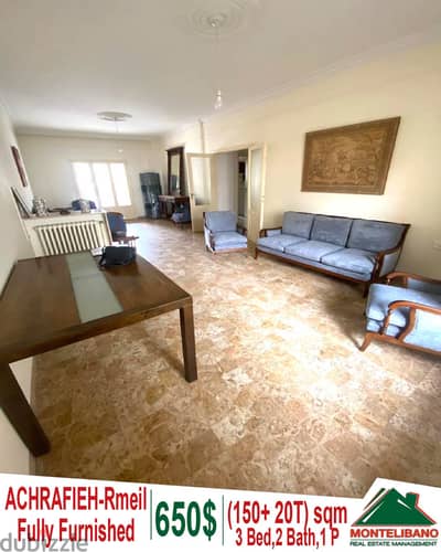 Fully Furnished 150sqm apartment for rent in Achrafieh- Rmeil +terrace