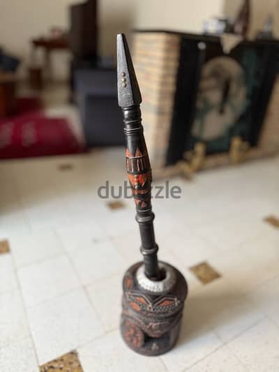 COFFEE MORTAR WITH PESTLE, carved in wood with brass fitting.