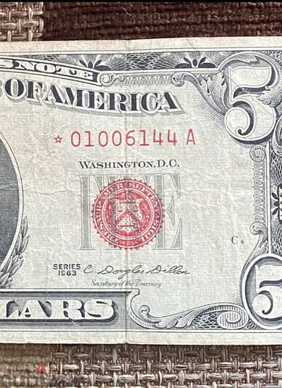 عملة قديمة ٥$ رد سيل ستار ١٩٦٣ banknote 5$ red seal star note 1963