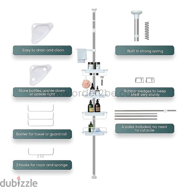 Adjustable Shower Corner Rack w/ 4 Shelves & Towel Holder 11