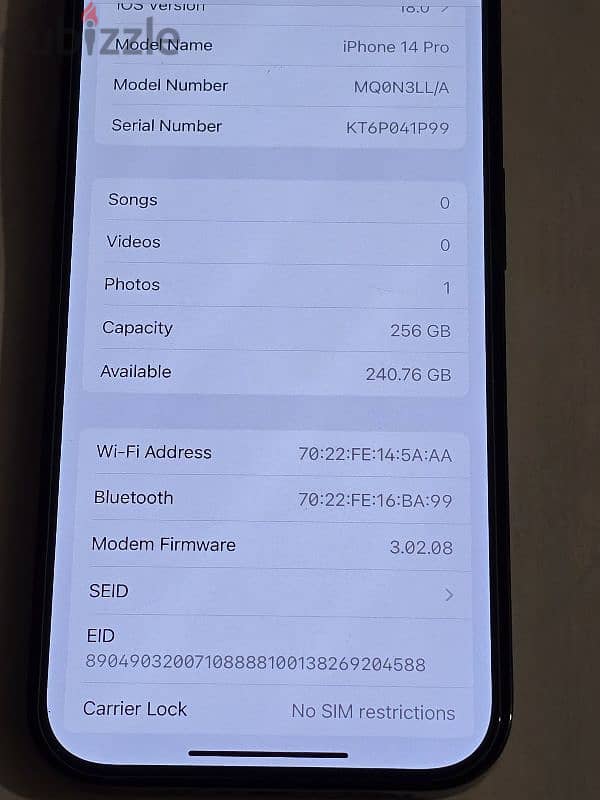 IPHONE 14 PRO 256GB BATTERY 87%% ESIM 1