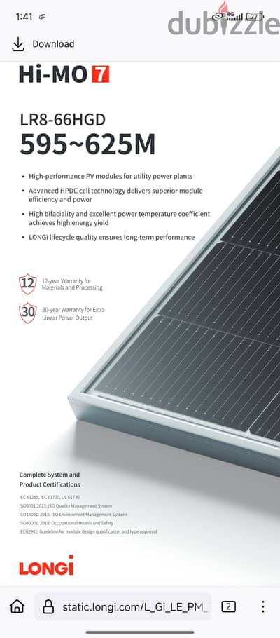 620Wp Bifacial, low voltage Longi HiMO7 LR8 66HGD