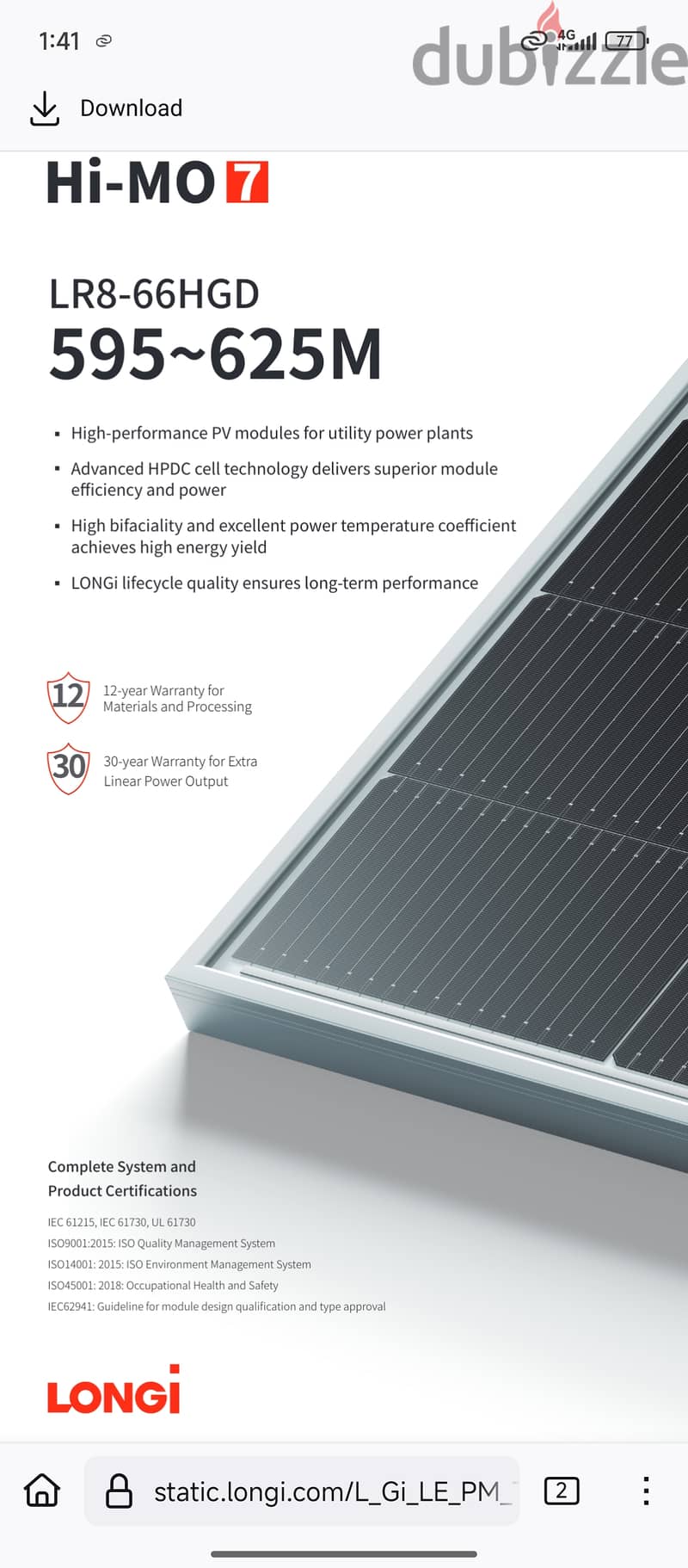 620Wp Bifacial, low voltage Longi HiMO7 LR8 66HGD 0