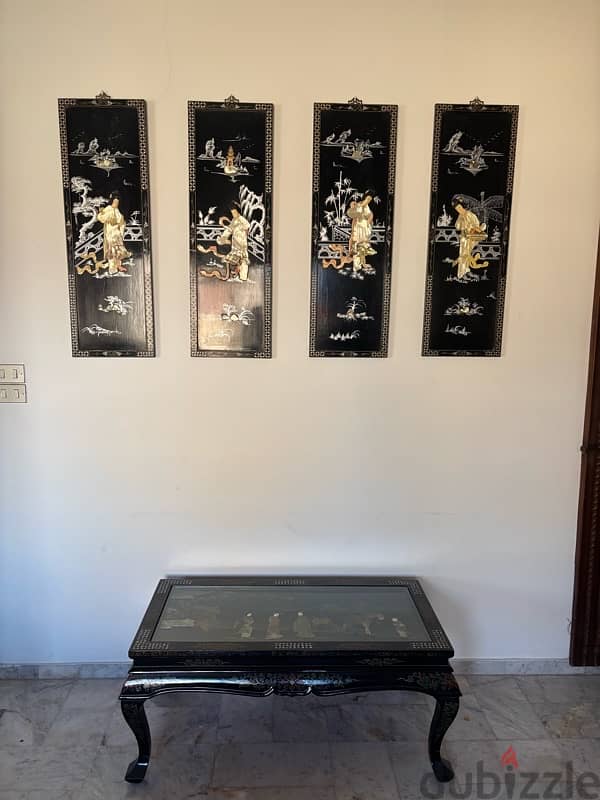 Antique Chinese Mother of Pearl Set – 4 Wall Panels & Table 1