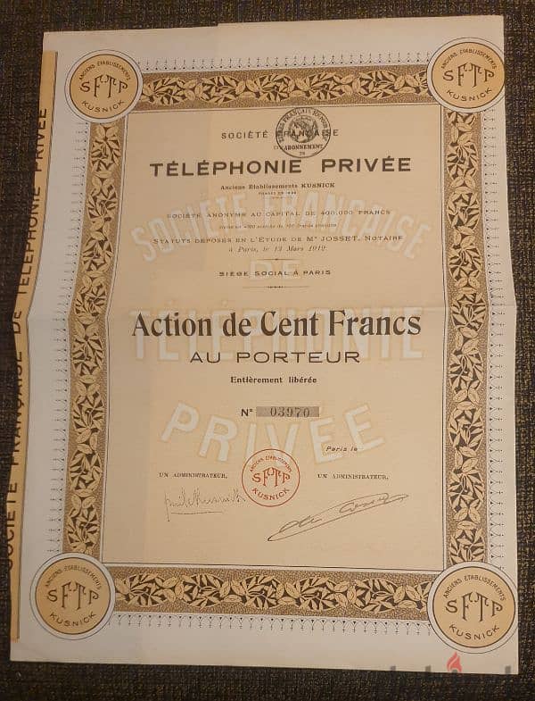 France 1912 old document Action De Cent Francs au Porteur 1