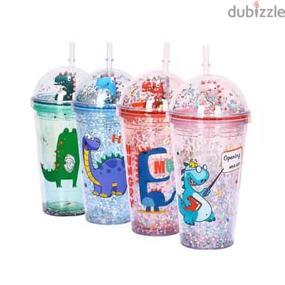 Dinosaur Plastic Glitter Straw Cups 450 ml