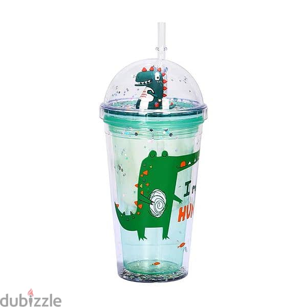 Dinosaur Plastic Glitter Straw Cups 450 ml 2