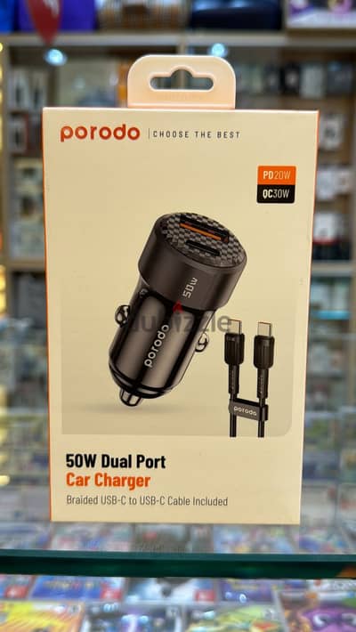 Porodo 50w dual port car charger braided usb-c to usb-c cable included