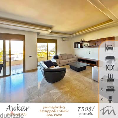 Awkar | Furnished/Equipped/Decorated 150m² | Sea & Mountain View