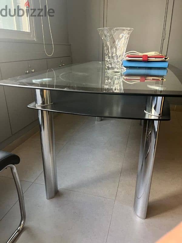 Glass and Stainless Steel Table with Leather Chairs 1