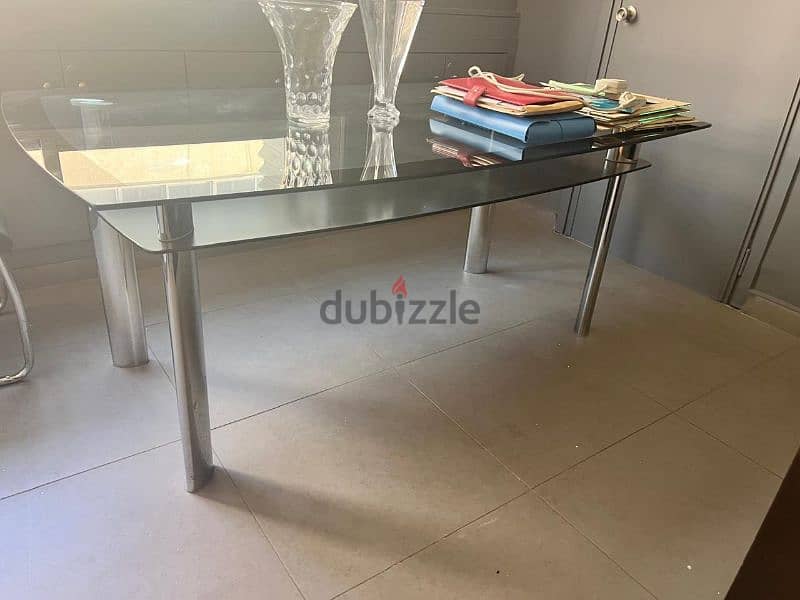 Glass and Stainless Steel Table with Leather Chairs 2