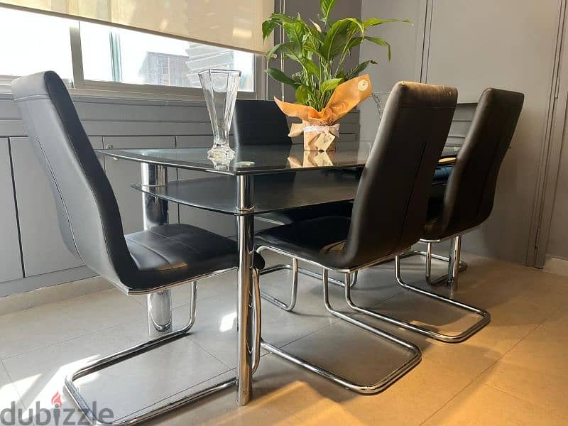 Glass and Stainless Steel Table with Leather Chairs 3