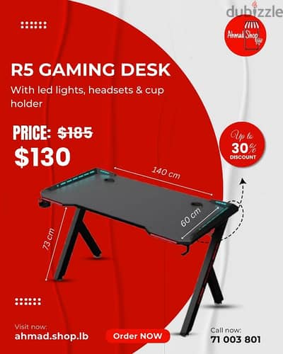 R5 Gaming desk With led lights, headsets & cup holder