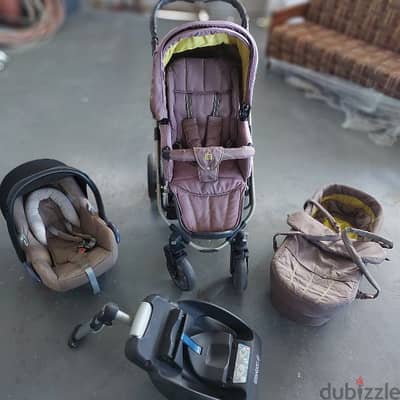 Full set stroller, basinet, car seat, and iso fix base