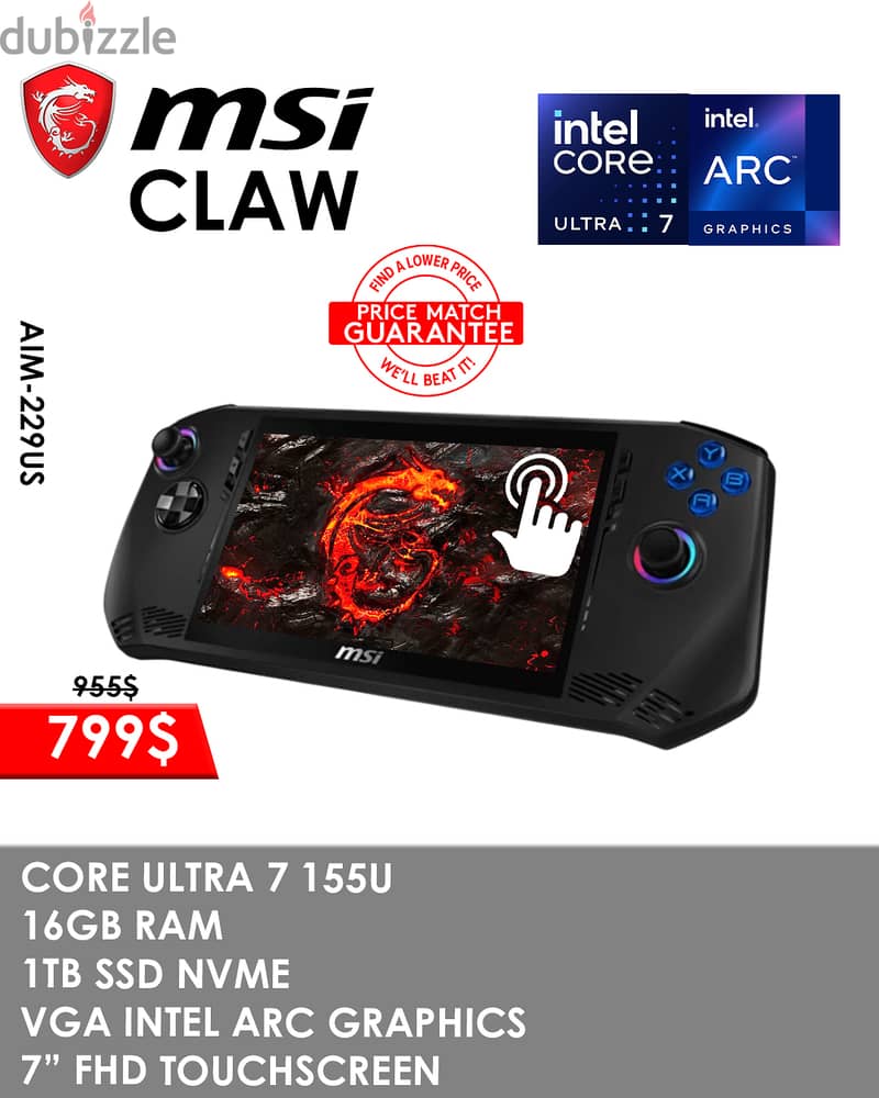 MSI CLAW AIM Core™ ULTRA 7 155U 16GB 1TB SSD 7 FHD 120HZ TOUCHSCREEN 0