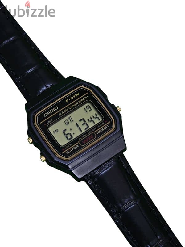 Custom Casio F91-W with Crocodile Black Leather 0