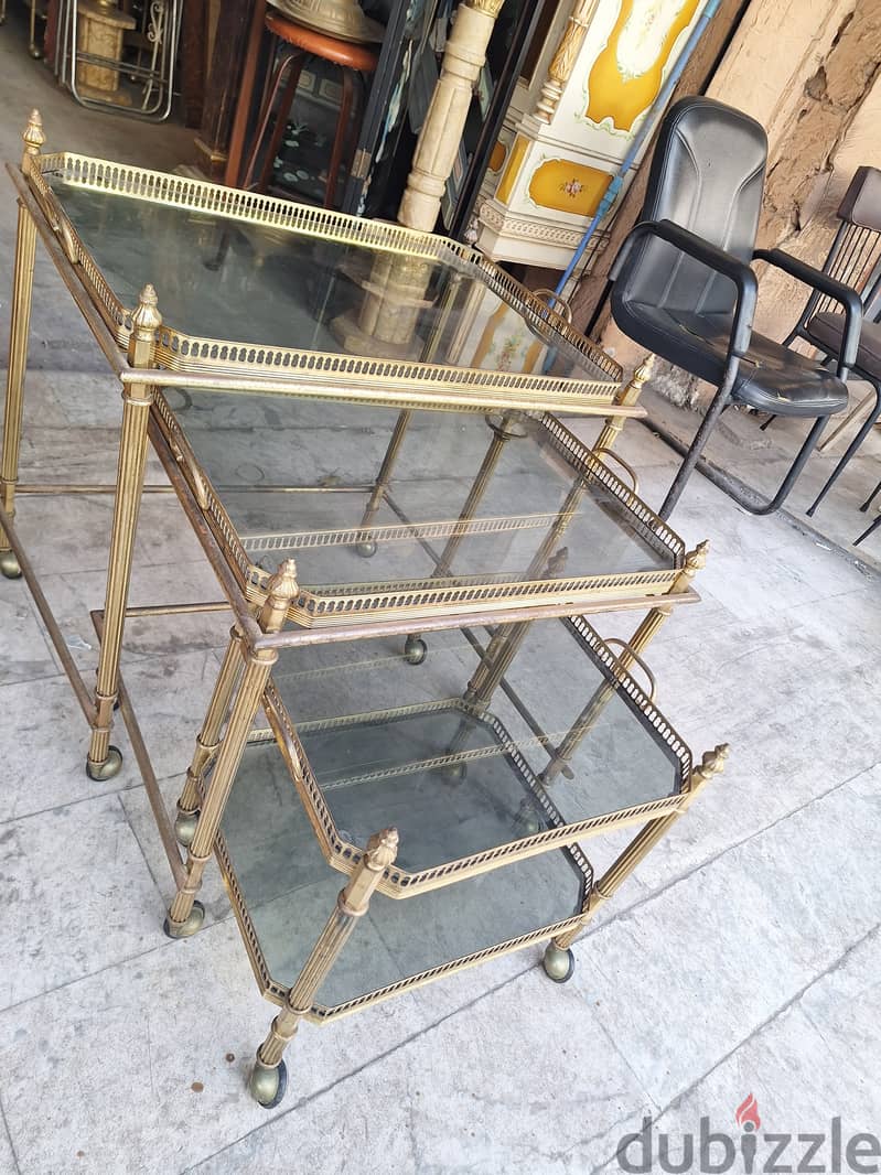 Set of Three French Bronze Nesting Tables with Glass Trays 0