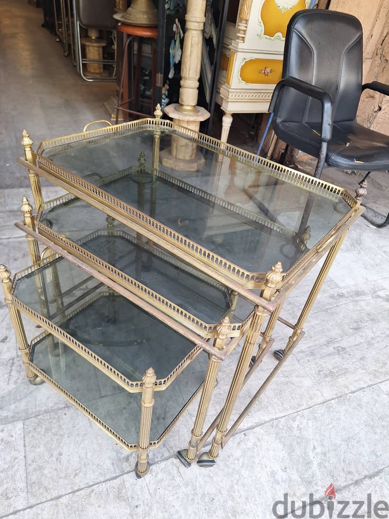 Set of Three French Bronze Nesting Tables with Glass Trays 1