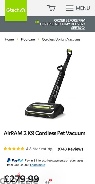 GTech AirRAM 2 K9 Cordless Pet Vacuum