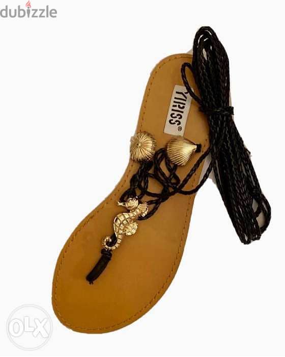 YIRISS Greek seashell black and gold flat sandals 1