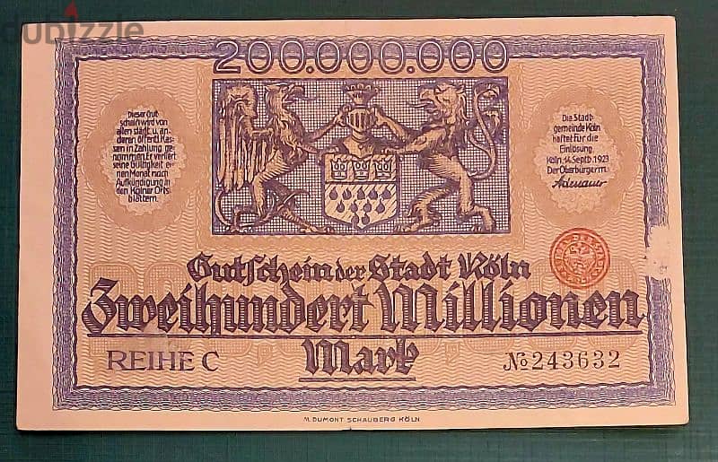 1923 Germany Koln 200 million Mark weimar Government 0