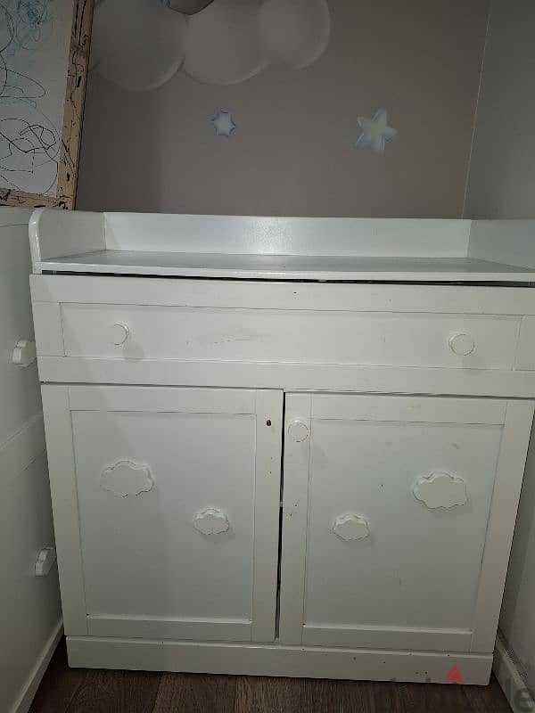 Bed, white baby dresser with changing table, and wardrobe. 2