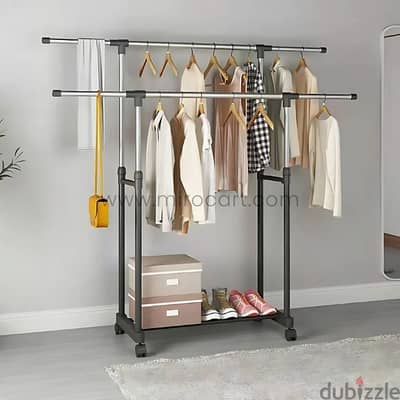 Adjustable 2-Tier Clothes Rack with Shoe Shelf & Rolling Wheels