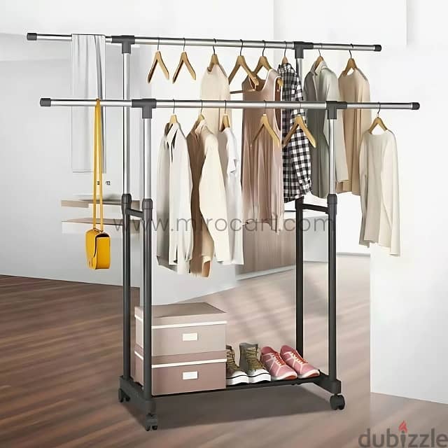 Adjustable 2-Tier Clothes Rack with Shoe Shelf & Rolling Wheels 1