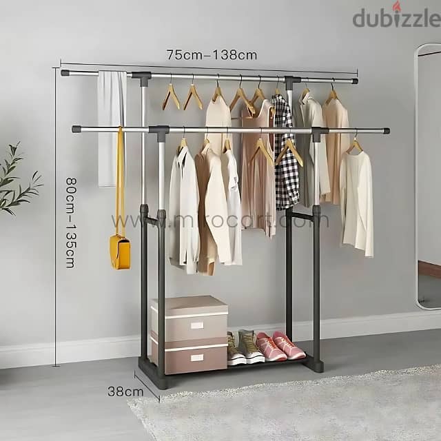 Adjustable 2-Tier Clothes Rack with Shoe Shelf & Rolling Wheels 3