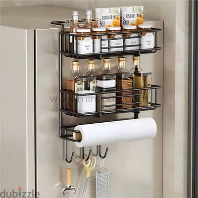 2-Tier Fridge-Mounted Spice Rack with Handy Hooks & Paper Towel Holder