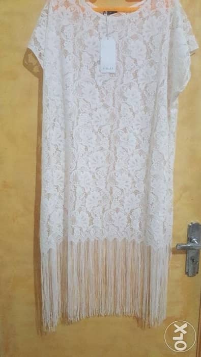 VIOLET lace white fringe dress oversized new free size فستان دانتيل