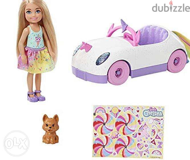 Barbie Club Chelsea Doll (6-Inch Blonde) With Open-Top Unicorn Car & S 0