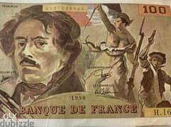 عملة ١٠٠ فرنك انسر فرنسي سنة ١٩٩٠ ومرسوم عليها لوحة الحرية