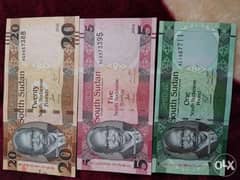 set of three UNC South Sudan Banknotes memorial for Jhon Garang