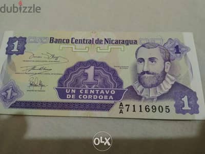 Nicaragua in Middle America Uncirculated Banknote one Centavo