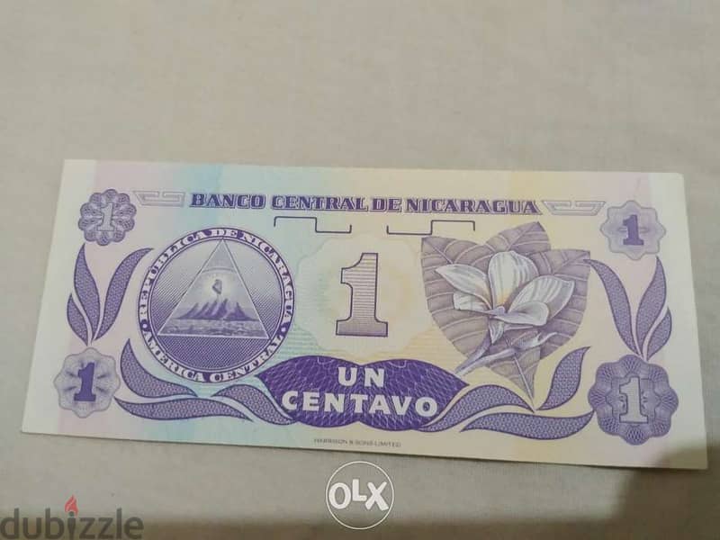 Nicaragua in Middle America Uncirculated Banknote one Centavo 1