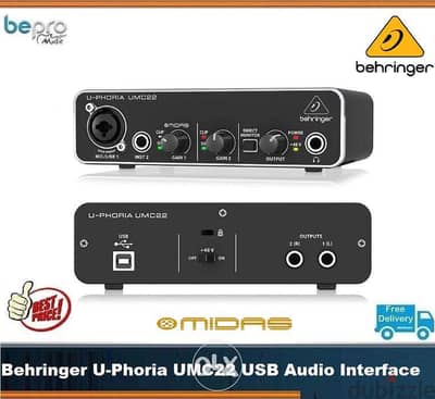 Behringer U-Phoria UMC22 USB Audio Interface 48kHz, Midas preamp