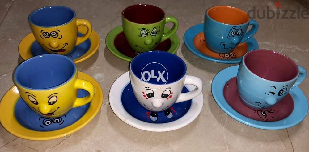 coffee set, 6 pieces, emojies cups, multiples colors, طقم فناجين صغير 6