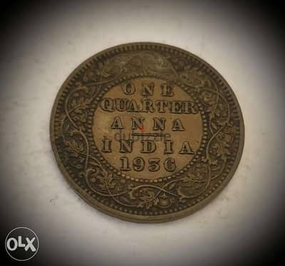 1936 British India quarter Anna Bronze Coin