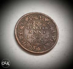1892 Queen Victoria quarter Anna copper coin 0