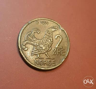 1959 Norway 2 Ore Moor Hen rare date bronze coin