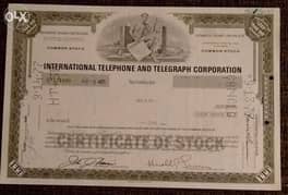 شهادة أسهم أمريكية لاغية Intl. Telephone & Telegraph 1977