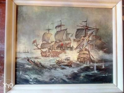 vintage G. Chiabert "NAVAL BATTLE" fine art print plus wooden frame50*6